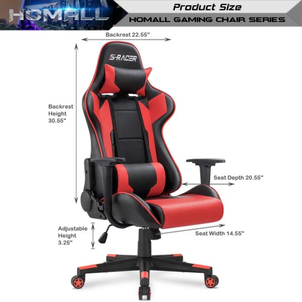 Homall Gaming Chair, Office Chair High Back Computer Chair Leather Desk Chair Racing Executive Ergonomic Adjustable Swivel Task Chair with Headrest and Lumbar Support (Red) - Image 3