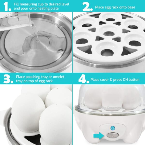 Elite Gourmet EGC-007 Rapid Egg Cooker, 7 Easy-To-Peel, Hard, Medium, Soft Boiled Eggs, Poacher, Omelet Maker, Auto Shut-Off, Alarm, 16-Recipe Booklet, White - Image 6