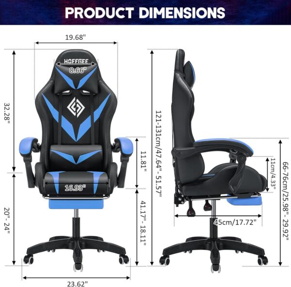 Gaming Chair with Massage and LED Lights Ergonomic Video Game Chairs with Footrest High Back Reclining Computer Chair with Adjustable Lumbar Support Blue and Black - Image 3