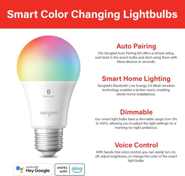 Sengled Smart Light Bulbs, Color Changing Alexa/Bluetooth Mesh, Dimmable LED Bulb A19 E26 Multicolor, High CRI, High Brightness, 8.7W 800LM, 1Pack - Image 3