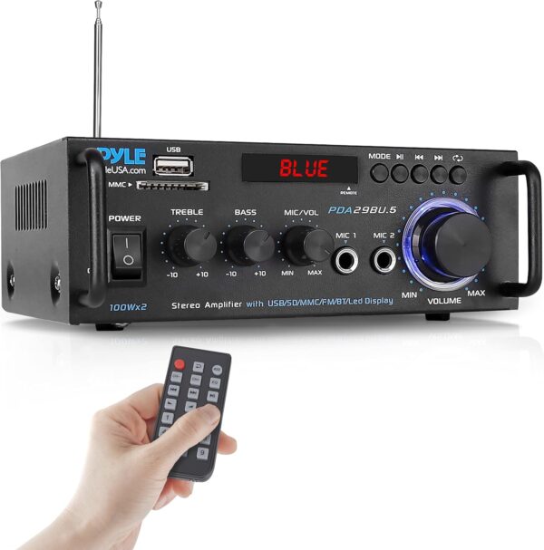 Pyle Wireless Bluetooth Stereo Power Amplifier - 200W 2 Channel Audio Receiver USA Warranty w/ RCA, USB, SD, MIC IN, FM Radio, For Home Theater Entertainment via RCA, Studio Use - PDA29BU.6 - Image 2