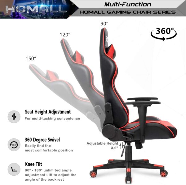 Homall Gaming Chair, Office Chair High Back Computer Chair Leather Desk Chair Racing Executive Ergonomic Adjustable Swivel Task Chair with Headrest and Lumbar Support (Red) - Image 7