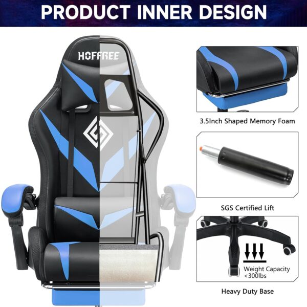 Gaming Chair with Massage and LED Lights Ergonomic Video Game Chairs with Footrest High Back Reclining Computer Chair with Adjustable Lumbar Support Blue and Black - Image 7