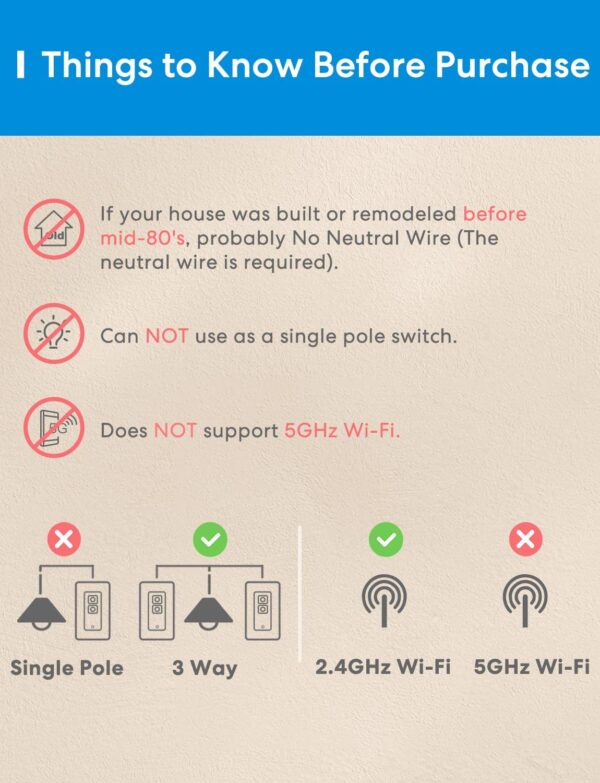 meross 3 Way Smart Dimmer Switch Kit, Smart Light Switch Supports Apple Home, Siri, Alexa, Google Assistant & SmartThings, 2.4GHz Wi-Fi Light Switch, Neutral Wire Required, Remote Control Schedule - Image 3