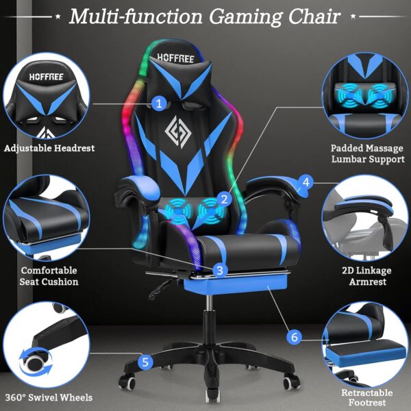 Gaming Chair with Massage and LED Lights Ergonomic Video Game Chairs with Footrest High Back Reclining Computer Chair with Adjustable Lumbar Support Blue and Black - Image 8