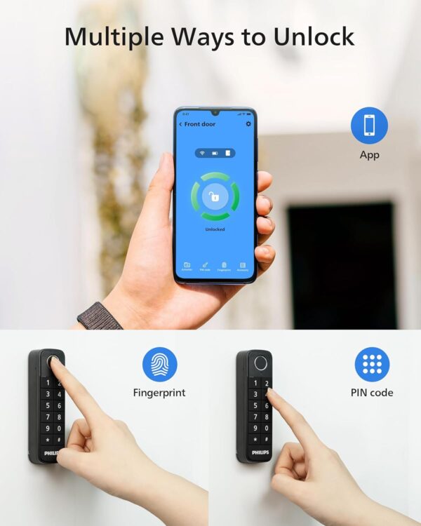 Philips WiFi Smart Lock with Fingerprint Keypad, Turn Your Existing Deadbolt into a Smart Door Lock, Built-in WiFi, APP Remote Control, Keyless Entry Door Lock, Auto-Lock, Lock Status Logging, Black - Image 4