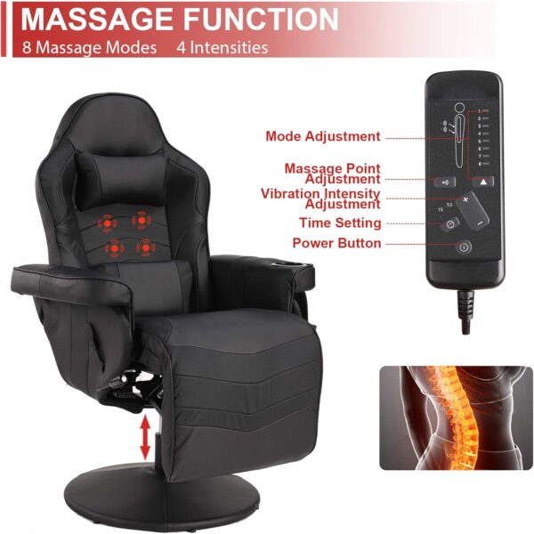 Massage Video Gaming Recliner Chair - Ergonomic Backrest & Seat Height Adjustment Swivel Recliner - PU Leather High Back Computer Office Chair with Cupholder, Headrest, Lumbar Support, Footrest - Image 6