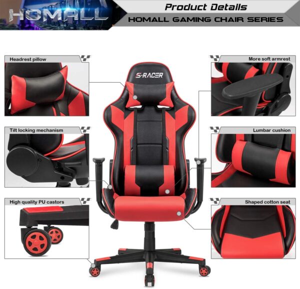 Homall Gaming Chair, Office Chair High Back Computer Chair Leather Desk Chair Racing Executive Ergonomic Adjustable Swivel Task Chair with Headrest and Lumbar Support (Red) - Image 4