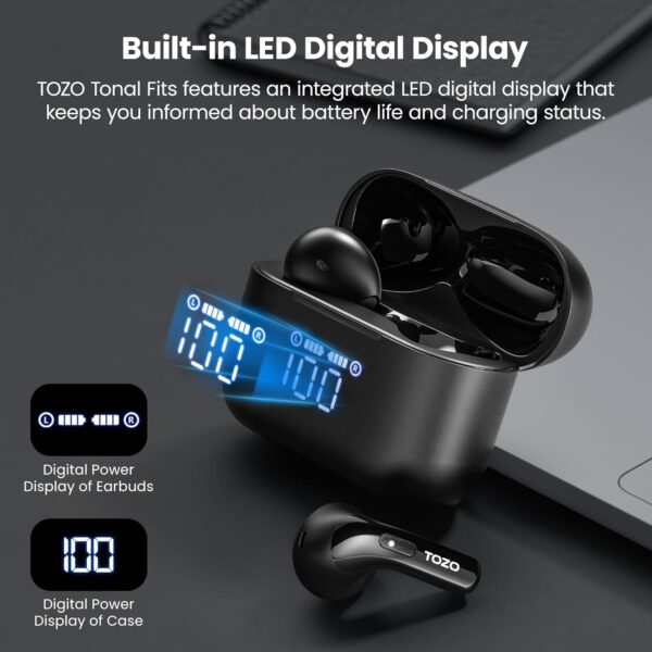 TOZO T21 Wireless Earbuds Bluetooth 5.3 in Ear Headphones Dual Mic Call Noise Cancelling IPX8 Waterproof 44H Playback Stereo Sound with LED Display Wireless Charging Case 32 EQs via APP Black - Image 2