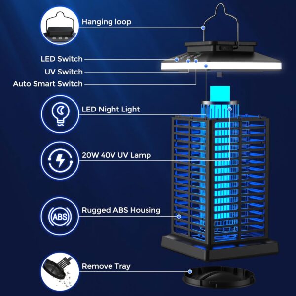 Bug Zapper Outdoor, Mosquito Zapper 2 in 1 Portable & Rechargeable Bug Zapper Outdoor with 4000mAh Battery & LED Night Light, 4000V Electric Fly Zapper for Outside,Patio,Backyard,Garden - Image 8