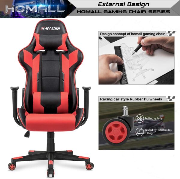 Homall Gaming Chair, Office Chair High Back Computer Chair Leather Desk Chair Racing Executive Ergonomic Adjustable Swivel Task Chair with Headrest and Lumbar Support (Red) - Image 6