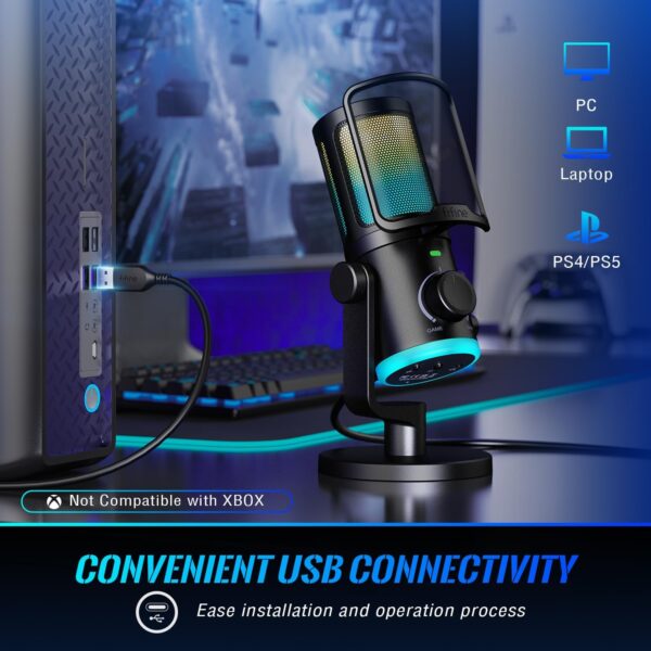 FIFINE Gaming PC Microphone, USB Streaming Microphone with Game Chat Balance, Computer Condenser Desktop RGB Mic with Mute Button, Noise Cancellation for Podcast/Twitch/Discord-AMPLIGAME AM6 - Image 5