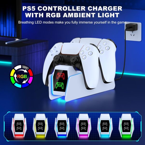 PS5 Controller Charger Station for PlayStation 5 Dualsense with LED Light Dual Stand Charger Dock, PS5 Controller Charging Station Accessories for PlayStation 5 Faceplates DualSense Edge-White - Image 3