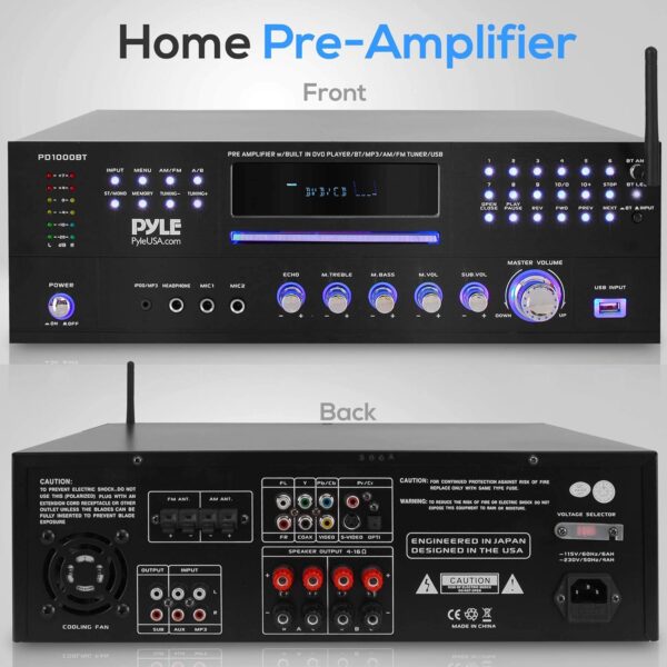 PYLE 4 Channel Amplifier Receiver - 1000 Watt Rack Mount Bluetooth Home Theater-Stereo Surround Sound Preamp Receiver W/Audio/Video System, CD/DVD Player, AM/FM Radio, MP3/USB Reader - PD1000BT - Image 3