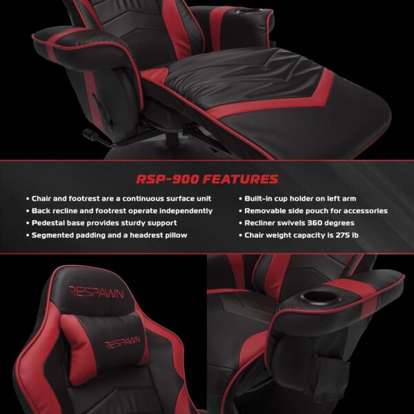 RESPAWN 900 Gaming Recliner - Video Games Console Recliner Chair, Computer Recliner, Adjustable Leg Rest and Recline, Recliner with Cupholder, Reclining Gaming Chair with Footrest - Red - Image 7