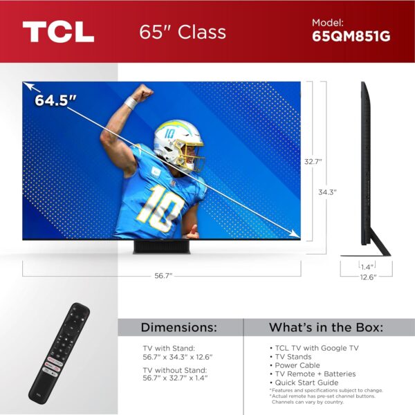 TCL 65-Inch QM85 QLED 4K Smart QD-Mini LED TV with Google TV (65QM851G, 2024 Model) Dolby Vision IQ HDR, Dolby Atmos, Game Accelerator up to 240Hz, Voice Remote, Works with Alexa, Streaming Television - Image 3