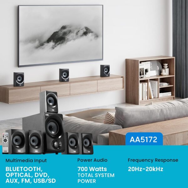 Acoustic Audio AA5172 700W Bluetooth Home Theater 5.1 Speaker System with FM Tuner, USB, SD Card, Remote Control, Powered Sub (6 Speakers, 5.1 Channels, Black with Gray) - Image 3