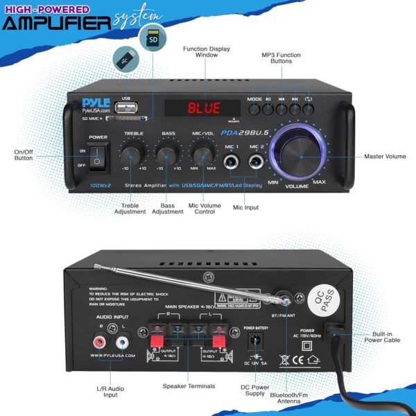 Pyle Wireless Bluetooth Stereo Power Amplifier - 200W 2 Channel Audio Receiver USA Warranty w/ RCA, USB, SD, MIC IN, FM Radio, For Home Theater Entertainment via RCA, Studio Use - PDA29BU.6 - Image 3