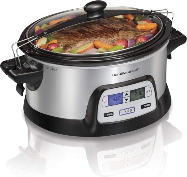 Hamilton Beach 33861 Portable Programmable Slow Cooker, Dishwasher Safe Crock, 6 Qt, FlexCook Dual Digital Timer/2 Heat Settings, Lid Lock for Easy Travel, Silver - Image 2