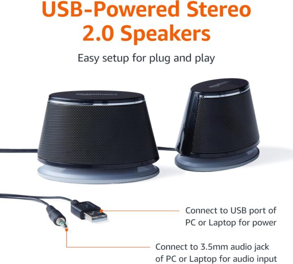 Amazon Basics Stereo 2.0 Speakers for PC or Laptop, 3.5mm Aux input, USB-Powered, 1 Pair, Black - Image 3