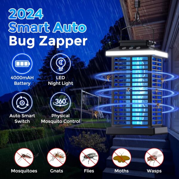 Bug Zapper Outdoor, Mosquito Zapper 2 in 1 Portable & Rechargeable Bug Zapper Outdoor with 4000mAh Battery & LED Night Light, 4000V Electric Fly Zapper for Outside,Patio,Backyard,Garden - Image 3