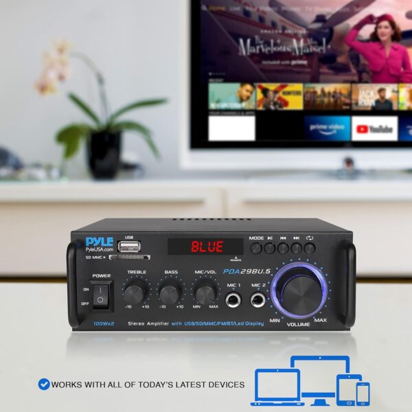 Pyle Wireless Bluetooth Stereo Power Amplifier - 200W 2 Channel Audio Receiver USA Warranty w/ RCA, USB, SD, MIC IN, FM Radio, For Home Theater Entertainment via RCA, Studio Use - PDA29BU.6 - Image 7