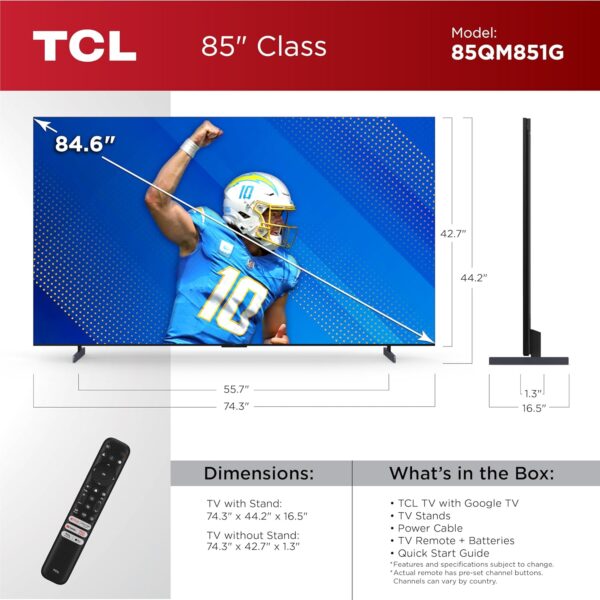 TCL 85-Inch QM85 QLED 4K Smart QD-Mini LED TV with Google TV (85QM851G, 2024 Model) Dolby Vision IQ HDR, Dolby Atmos, Game Accelerator up to 240Hz, Voice Remote, Works with Alexa, Streaming Television - Image 3