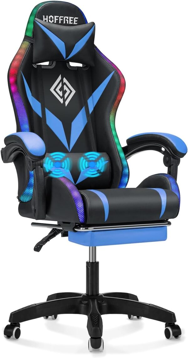 Gaming Chair with Massage and LED Lights Ergonomic Video Game Chairs with Footrest High Back Reclining Computer Chair with Adjustable Lumbar Support Blue and Black