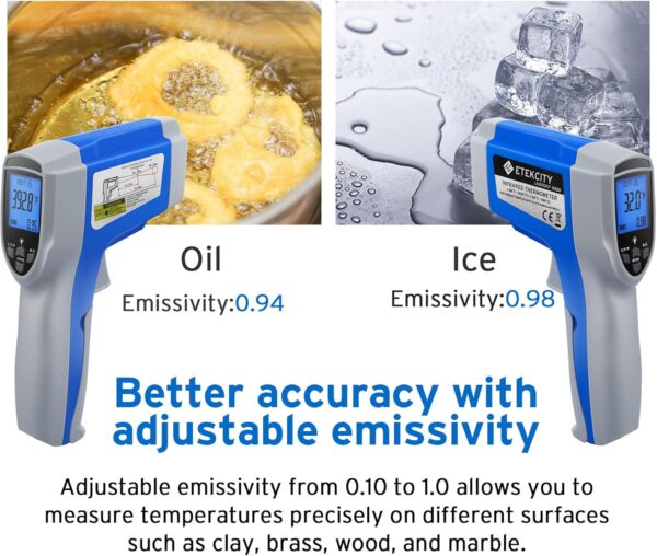 Etekcity Infrared Thermometer 1022D (Not for Human) Dual Laser Temperature Gun Non-contact-58℉~1022℉ (-50℃ ~ 550℃) with Adjustable Emissivity & Max Measure, Standard Size, Blue & Gray - Image 5