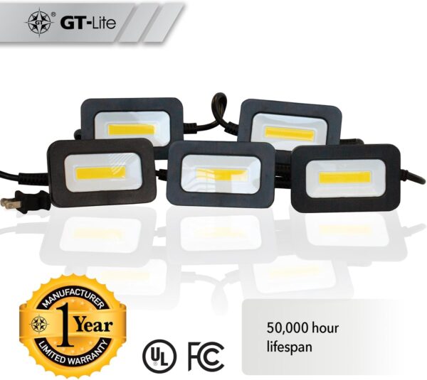 50FT LED Work Light 50W 5000 Lumen Waterproof Construction String Lights Linkable for Jobsite Lighting, 5000k Daylight White, ETL Listed (5 Light Heads) - Image 7