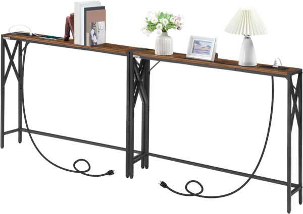 2 Pack Narrow Sofa Table with Charging Station, 39.4" L x 5.9" W x 29" H, Skinny Console Table, Long Entryway Hallway Couch Table with Power Outlets, Rustic Brown CTHR151E01S2 - Image 9