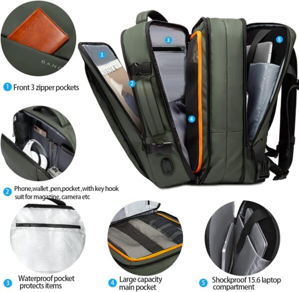 BANGE Carry-on Backpack, 45L Expandable Travel Backpacks,Weekend Backpack Briefcase,Waterproof Laptop Backpack Fits For 17.3” Laptop - Image 3
