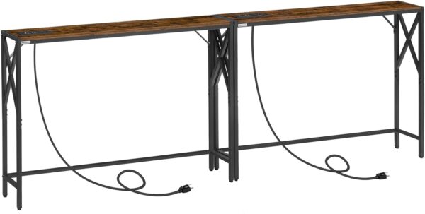 2 Pack Narrow Sofa Table with Charging Station, 39.4" L x 5.9" W x 29" H, Skinny Console Table, Long Entryway Hallway Couch Table with Power Outlets, Rustic Brown CTHR151E01S2 - Image 2