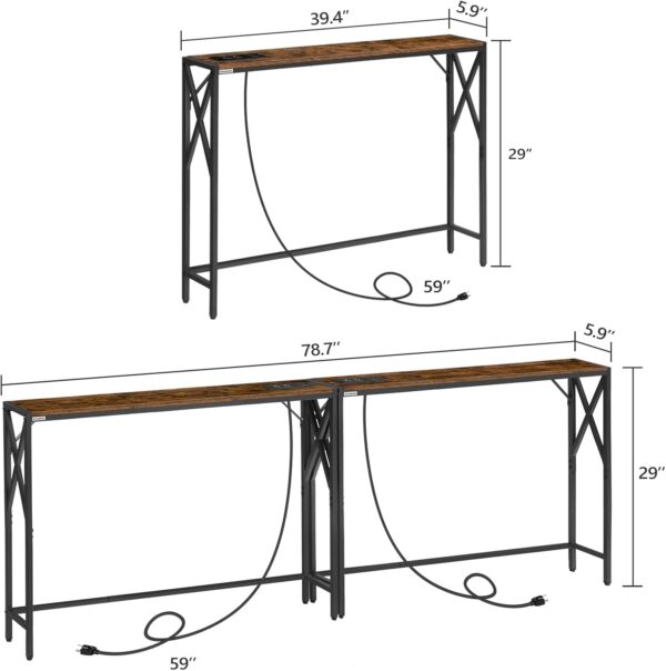 2 Pack Narrow Sofa Table with Charging Station, 39.4" L x 5.9" W x 29" H, Skinny Console Table, Long Entryway Hallway Couch Table with Power Outlets, Rustic Brown CTHR151E01S2 - Image 4