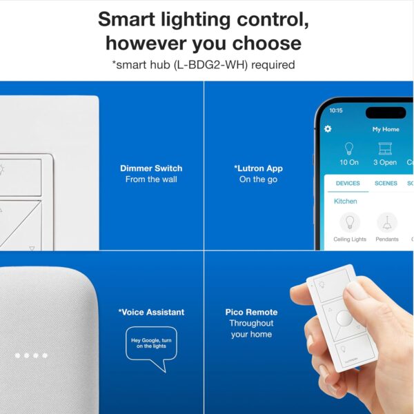 Lutron Caseta Original Smart Dimmer Switch Kit, 2 Dimmer Switches, 2 Wall Plates, 2 Pico Remotes, and Smart Hub, Works with Alexa, Apple Home, Google Home, 3 Way, 150W, No Neutral, P-BDG-PKG2W-A - Image 4