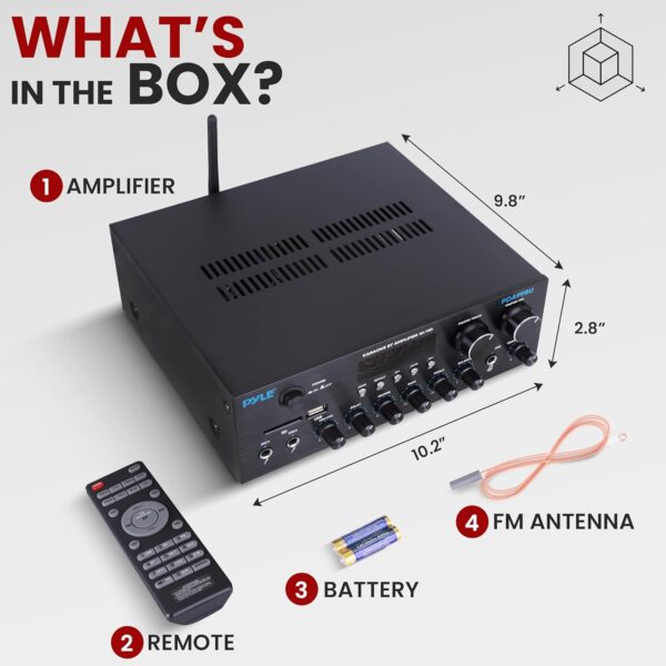Pyle Wireless Bluetooth Streaming Amplifier, 300W Multi Channel Home Audio Receiver System with HDMI in/Out, Optical/Coaxial, FM Radio, USB/SD, AUX, RCA, Mic in, and BT/FM Antenna, 10.2”x9.8”x2.8” - Image 8