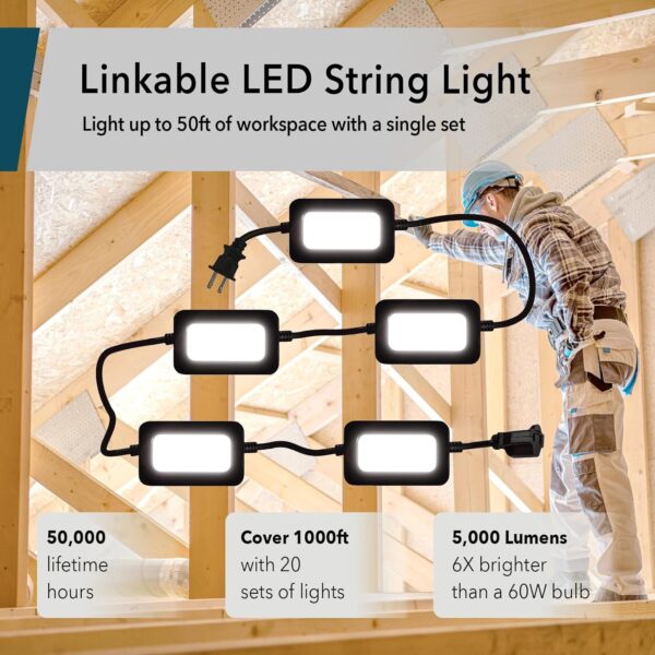 50FT LED Work Light 50W 5000 Lumen Waterproof Construction String Lights Linkable for Jobsite Lighting, 5000k Daylight White, ETL Listed (5 Light Heads) - Image 4