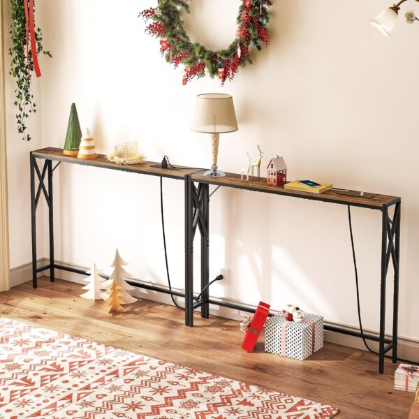 2 Pack Narrow Sofa Table with Charging Station, 39.4" L x 5.9" W x 29" H, Skinny Console Table, Long Entryway Hallway Couch Table with Power Outlets, Rustic Brown CTHR151E01S2 - Image 3