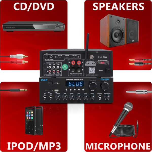 Pyle Wireless Bluetooth Streaming Amplifier, 300W Multi Channel Home Audio Receiver System with HDMI in/Out, Optical/Coaxial, FM Radio, USB/SD, AUX, RCA, Mic in, and BT/FM Antenna, 10.2”x9.8”x2.8” - Image 4