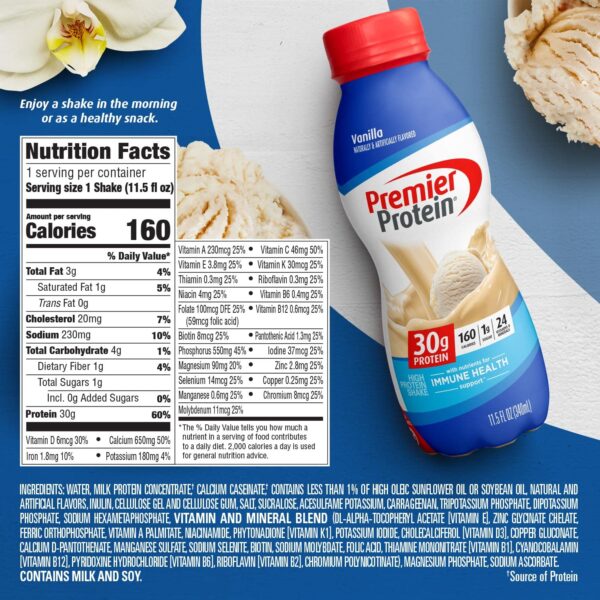 Premier Protein Shake, Vanilla, 30g Protein, 1g Sugar, 24 Vitamins & Minerals, Nutrients to Support Immune Health 11.5 fl oz, 12 Pack - Image 6