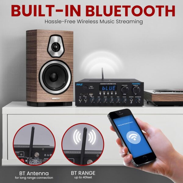 Pyle Wireless Bluetooth Streaming Amplifier, 300W Multi Channel Home Audio Receiver System with HDMI in/Out, Optical/Coaxial, FM Radio, USB/SD, AUX, RCA, Mic in, and BT/FM Antenna, 10.2”x9.8”x2.8” - Image 6