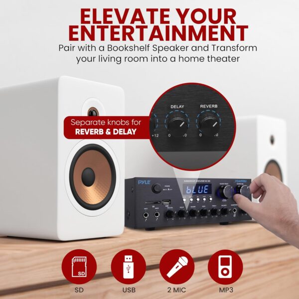 Pyle Wireless Bluetooth Streaming Amplifier, 300W Multi Channel Home Audio Receiver System with HDMI in/Out, Optical/Coaxial, FM Radio, USB/SD, AUX, RCA, Mic in, and BT/FM Antenna, 10.2”x9.8”x2.8” - Image 5