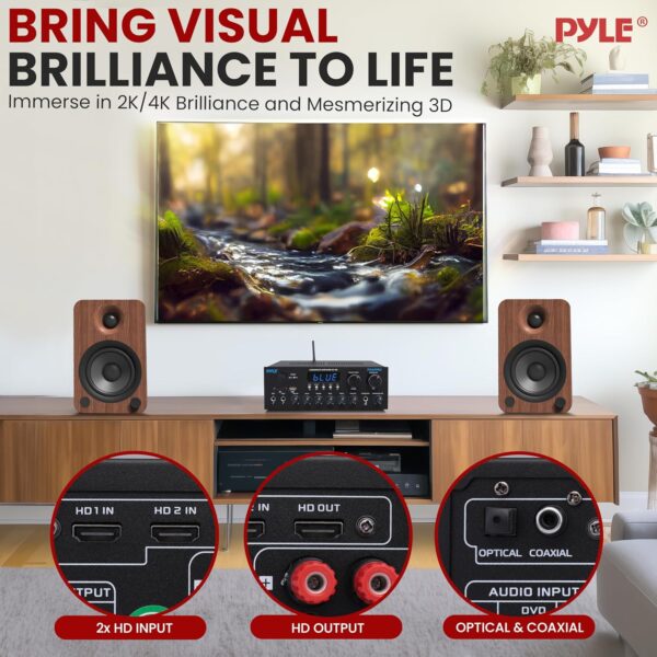 Pyle Wireless Bluetooth Streaming Amplifier, 300W Multi Channel Home Audio Receiver System with HDMI in/Out, Optical/Coaxial, FM Radio, USB/SD, AUX, RCA, Mic in, and BT/FM Antenna, 10.2”x9.8”x2.8” - Image 7
