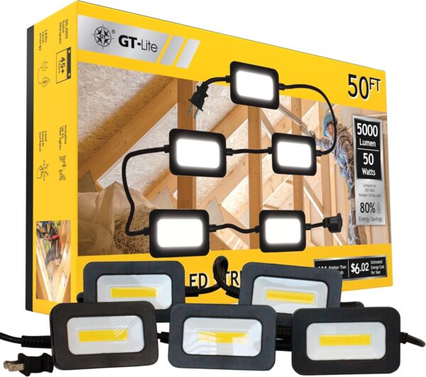 50FT LED Work Light 50W 5000 Lumen Waterproof Construction String Lights Linkable for Jobsite Lighting, 5000k Daylight White, ETL Listed (5 Light Heads) - Image 2