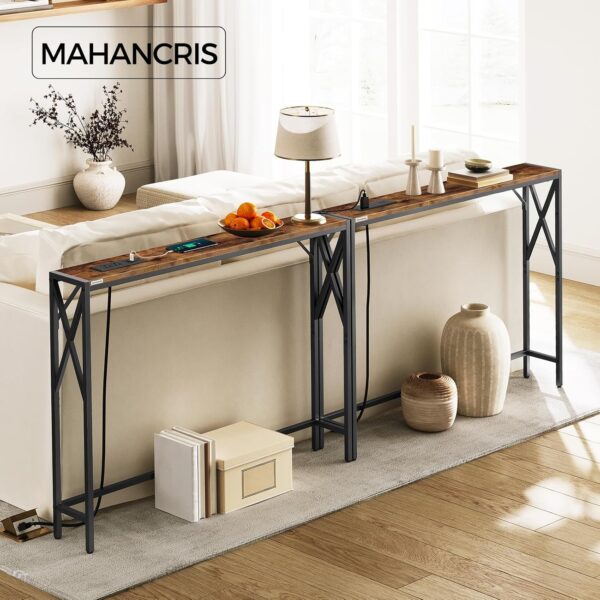 2 Pack Narrow Sofa Table with Charging Station, 39.4" L x 5.9" W x 29" H, Skinny Console Table, Long Entryway Hallway Couch Table with Power Outlets, Rustic Brown CTHR151E01S2 - Image 5