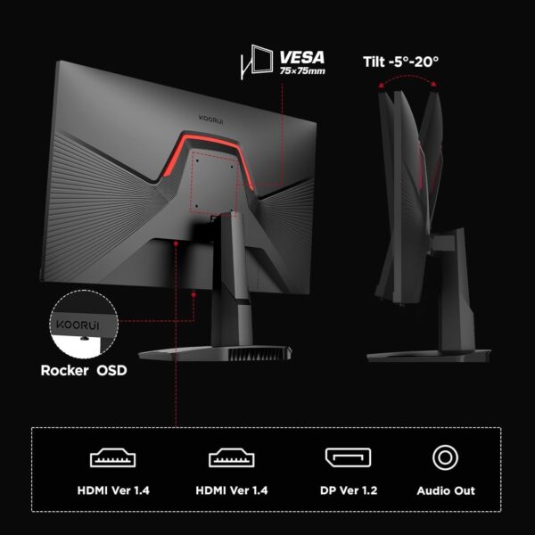 KOORUI Gaming Monitor 25-inch, 180Hz FHD 1080p Computer Monitor, 1ms GTG, Adaptive G-Sync, FreeSync Premium, 3 Sides Frameless, HDMI x 2, DisplayPort, Black - Image 7