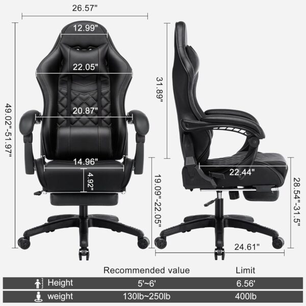 Blue Whale Gaming Chair for Adults, Ergonomic Gaming Chair with Footrest and Adjustable Armrest, High Back Comfortable Computer Gaming Chairs with Massage Lumbar Support - Image 2