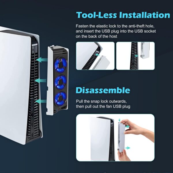 for PS5 Cooling Fan with Led Light, Quiet for PS5 Fan Cooling Fan HUIJUTCHEN for PS5 Cooler Cooling Fan for Playstation 5 fan with 3 Small Fans 3.0 USB Port 2 Fan Speed Setting fan (Not Compatible with PS5 Slim) - Image 7