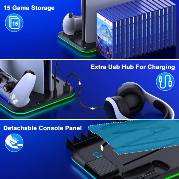 PS5 Slim Stand and Turbo Cooling Station with Controller Charging Station for Playsation 5, PS5 Accessories Kits Incl. 3 Levels Cooling Fan, LED, 15 Game Slot, Headset Holder for P5 Digital/Disc - Image 9