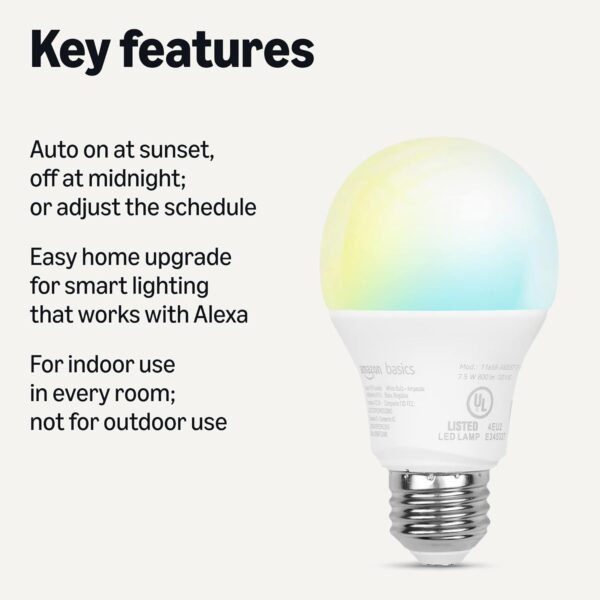 Amazon Basics Smart Indoor LED Light Bulb, Sunset-to-Midnight Activated, Works with Alexa Only, Tunable White, 7.5 W, 1-Pack - Image 3